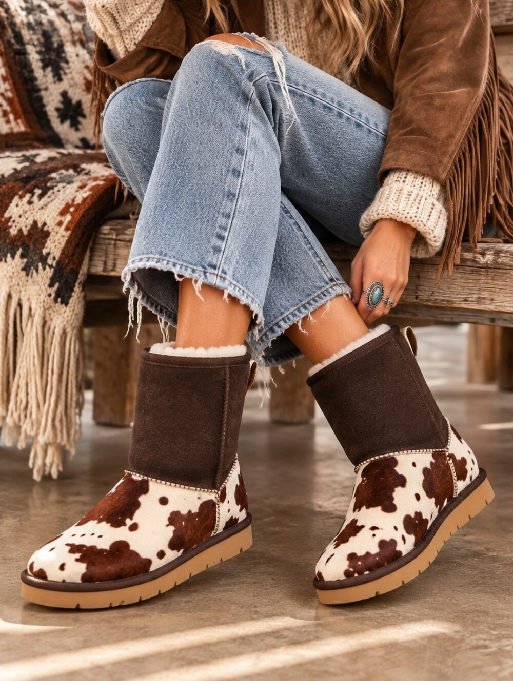 Superlamb Cow Print Sheepskin Boots Brown White Size 7 Wide NWT